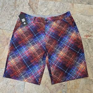 Hreski Mens Size 34 Golf Chino Shorts Colorful Geometric Plaid Flat Front‎